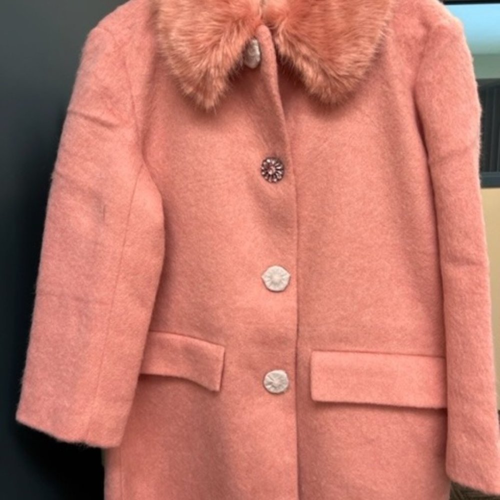 Women's Pink Faux-Fur Collar Wool Coat